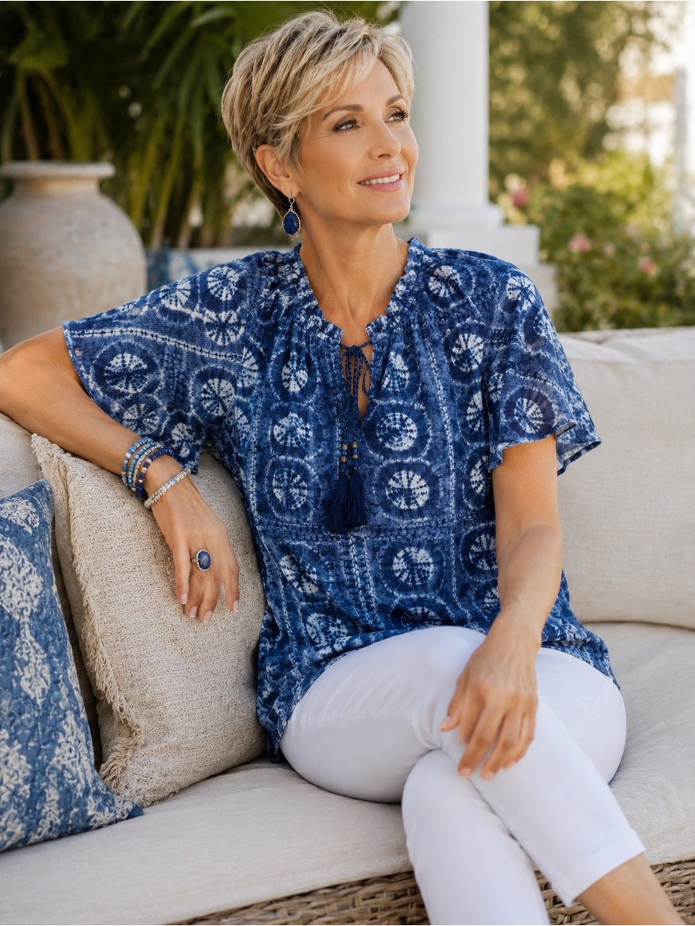 Lauren Ralph Lauren | Linen Blend Tunic Blouse | Beaded Tassels‎ | Small